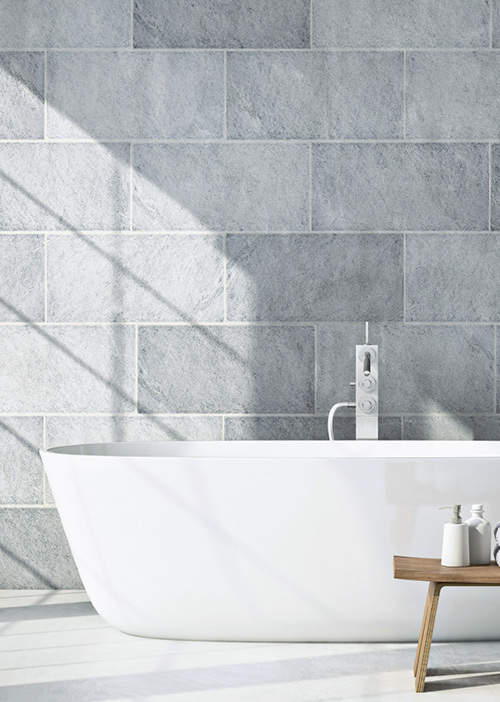 Stone tile used in bathroom.